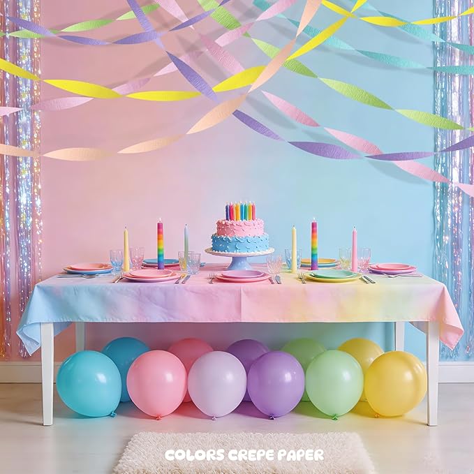 Pastel Rainbow Crepe Paper Streamers - 6 Rolls Macaron Party Streamer Decorations for Birthday, Baby Shower Easter Unicorn Mermaid Theme Supplies - Pink Blue Yellow Green Purple Peach Hanging Backdrop