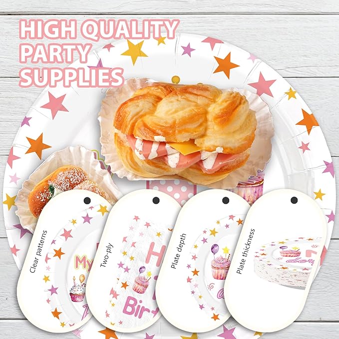 96 Pcs Pink First Birthday Party Decorations Sweet One Happy 1st Birthday Plates and Napkins Pink Party Crown Tableware Set for Girl 1-Year-Old-Birthday Supplies, Serves 24