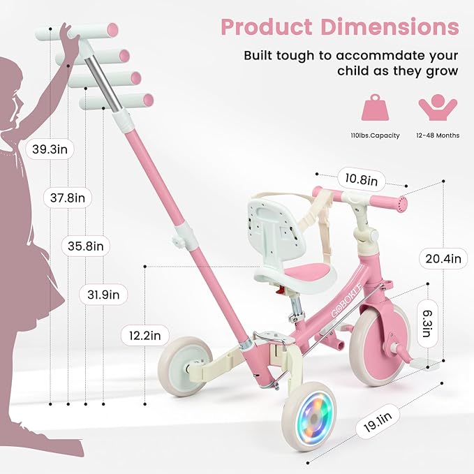 5-in-1 Tricycle for Toddlers 1-3, Convertible Toddler Bike with Push Handle & Removable Pedals, Balance Bike with Colorful Lighting Wheels, Adjustable Seat Height with Backrest(Pink)