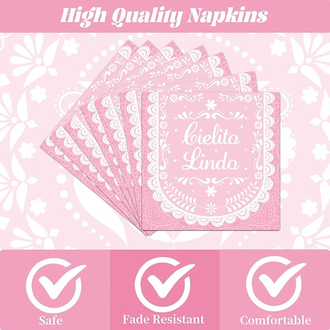 Rakuto Elomy Cielito Lindo Party Decoration Tableware, 96PCS Pink Cielito Lindo Disposable Paper Plates and Napkins Baby Shower Decoration, Mexican Themed Forks Decor Serve 24