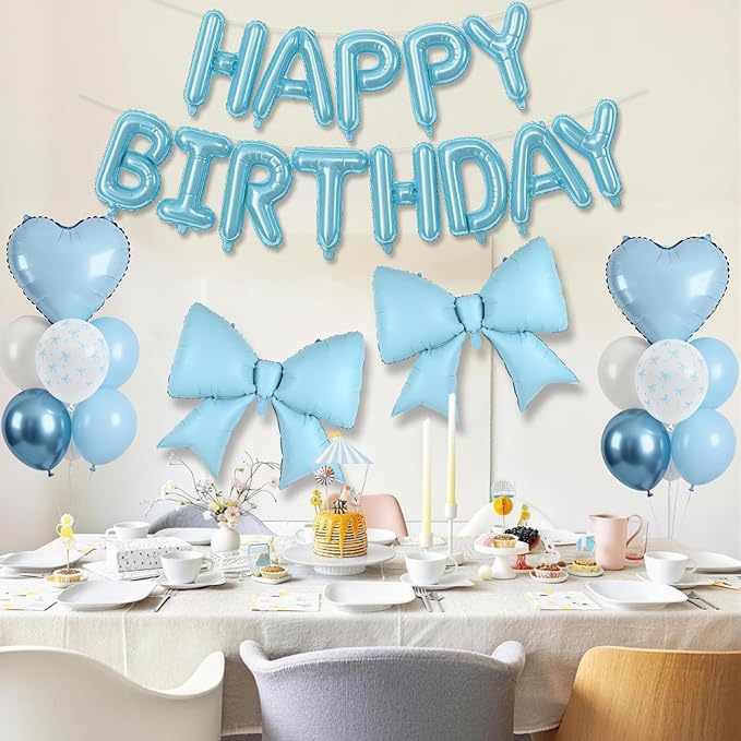 Blue Bow Birthday Decorations Pastel Baby Light Blue Metallic White Bows Print Party Balloon Happy Birthday Banner 38 In Coquette Foil Balloons Heart Balloon for Men Boys Bday Party Supplies