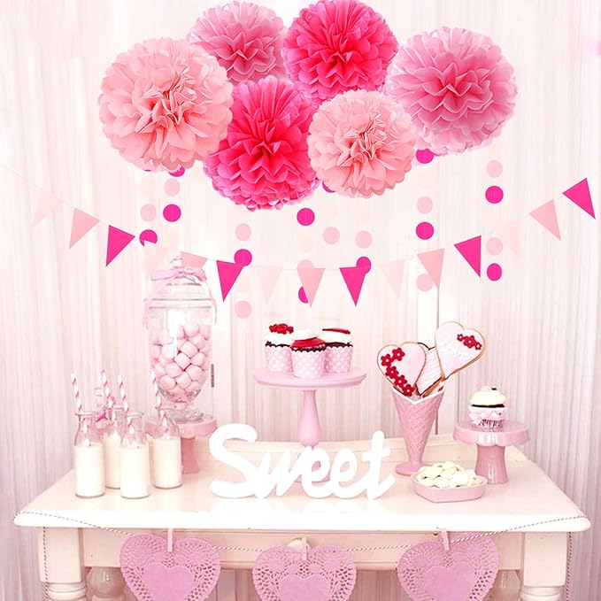 Galentines Valentines-Day Hot-Pink Party-Decorations - 23pcs Girl Birthday Baby Shower Tissue Pom Poms Streamers, Bachelorette Bridal Wedding Engagement Supplies Tassel Garland Banner Decor Ouruola