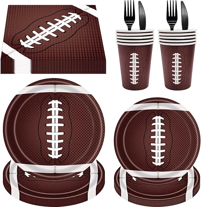 144Pcs Football Party Supplies Football Plates and Napkins Tableware Set Include Paper Plates Napkins Cups Forks for Rugby Game Touchdown Tailgate Party Decorations Serve 24 Guests