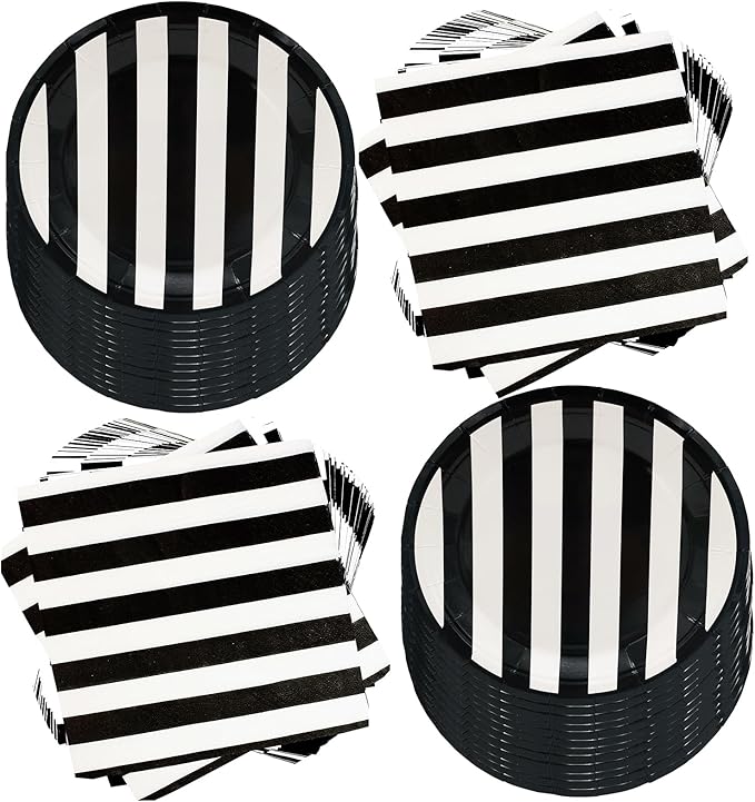 80Pcs Black and White Striped Party Supplies Black and White Party Set 7"Black and White Striped Plates,Black and White Napkins for Black and White Theme Black and White Birthday Decoration |Serves 40