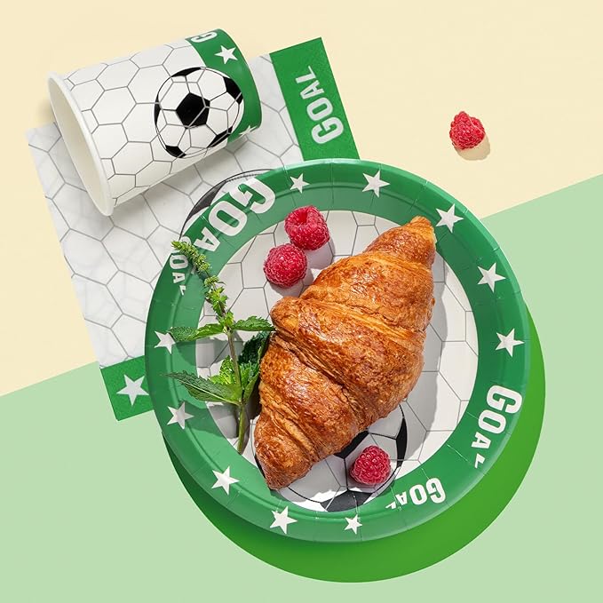 96pcs Soccer Plates - Green and White Soccer Party Theme Paper Plates and Napkins Cups for 24 Guests Disposable Kid's Birthday Soccer Party Supplies Decorations