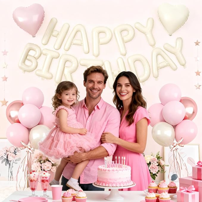 29PC Pink Heart Happy Birthday Balloon Banner, 16Inch 3D Aluminum Letter Banner Sign, Dusty Pink Rose Gold Pearl White Balloons 18 Inch Heart Foil Balloons for Baby Shower Decorations
