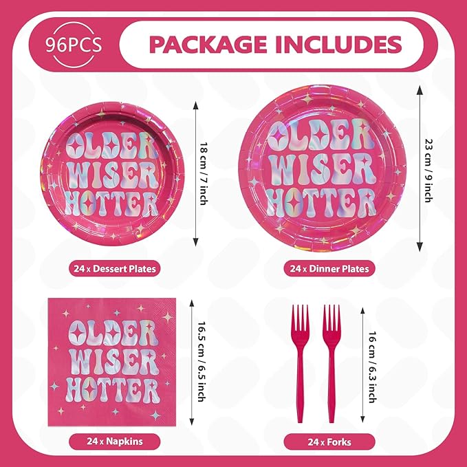96Pcs Older Wiser Hotter Party Supplies Hot Pink Theme Plates and Napkins Happy Birthday Tableware Set for Women Rose Red Birthday Retirement Party Decorations Serves 24