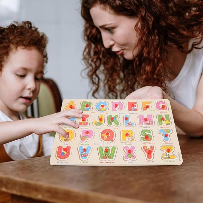 Alphabet Puzzle Wooden Puzzles for Toddlers 3+ Year Old, ABC Puzzle Shape Alphabet Learning Puzzles Toys with Puzzle Board & Letter Blocks, Preschool Education Puzzle for Girls and Boys, Large