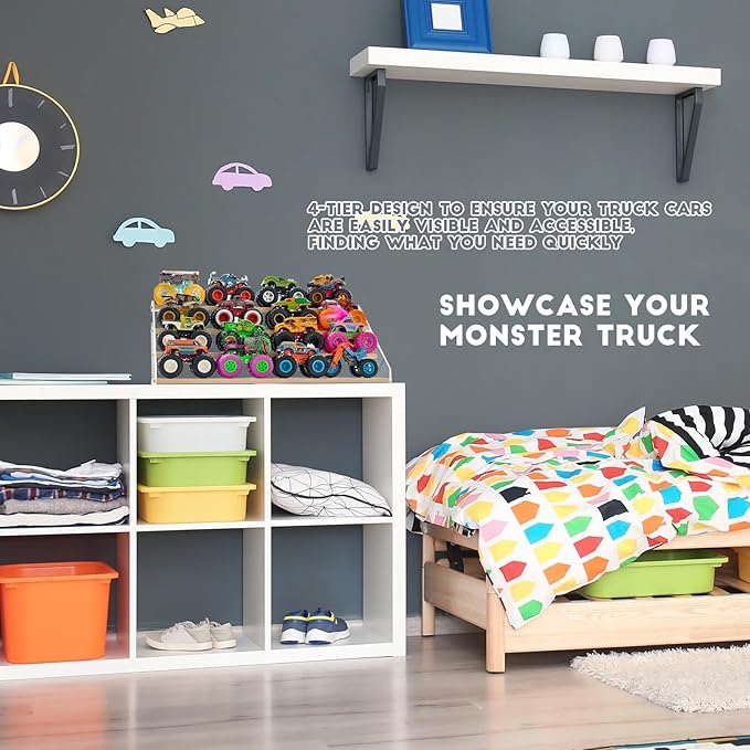 AAiphuwew Display Case for Monster Trucks Storage Toy Cars Organizer Shelf, 4 Tiers Wooden Monster Truck Display Risers Shelf for Toy Cars
