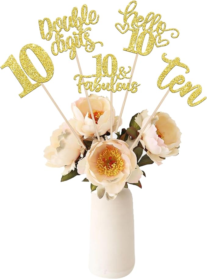 15PCS Happy 10th Birthday Centerpiece Sticks Hello 10 Fabulous Table Flower Centerpieces Sticks Ten Double Digits Cheers to 10 Years Floral Decoration for 10th Birthday Party Centerpieces Sticks Gold