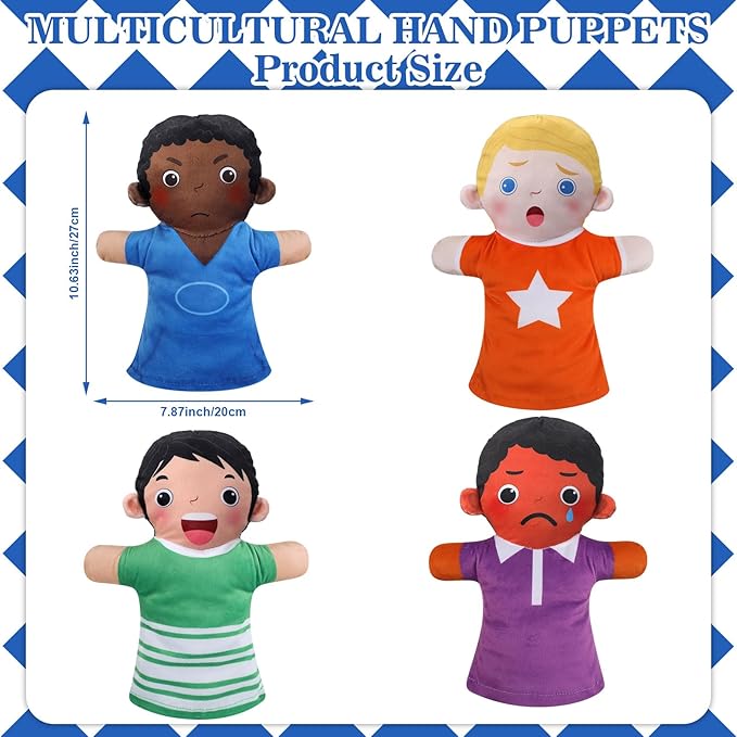 Poen 8 Pcs Hand Puppets Set for Kids Multicultural Hand Puppets Bulk Soft Plush for Toddlers Learning Interaction Suitable for Home Daycare School Classroom Role Play Fantoccini Theater Shows(Feeling)