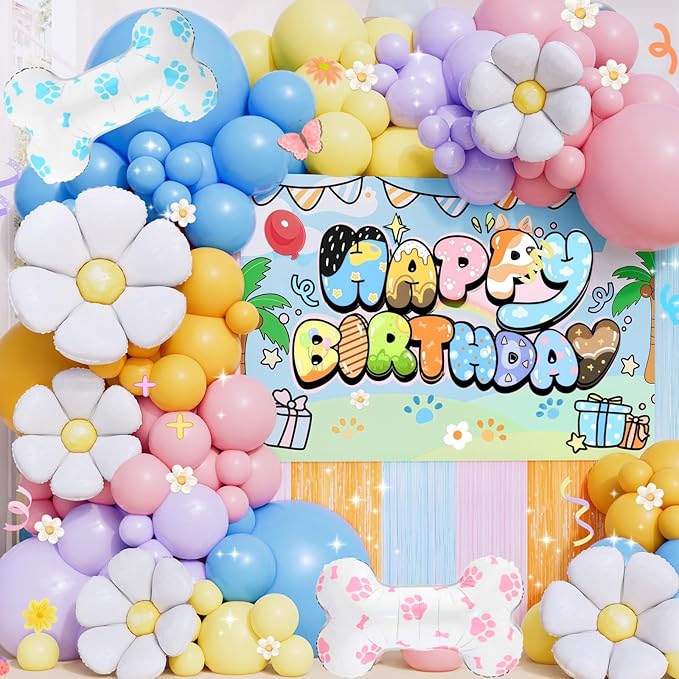 Blue Dog Birthday Party Decorations for Girls & Boys - Cartoon Theme Balloon Arch Kit with Backdrop, Fringe Curtains & Bone Foil Balloons - Easy Setup Party Supplies for 1st 2nd 3rd Bday