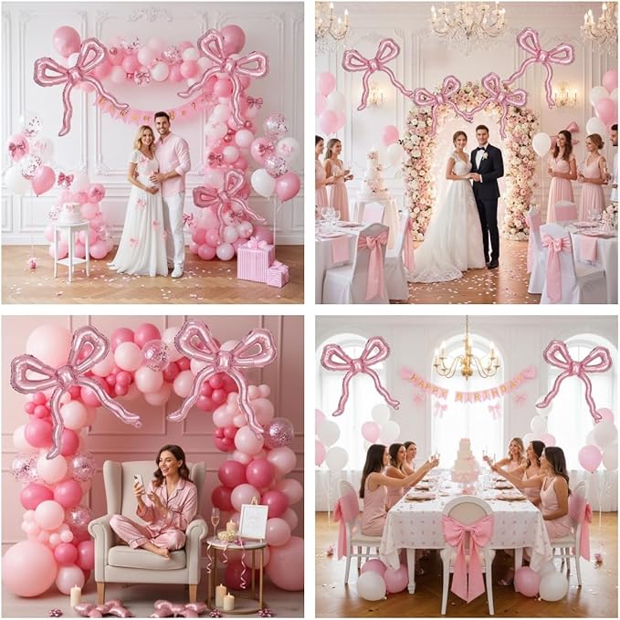 5pcs Light Pink Bow Balloons Coquette Birthday Decorations, Giant Pearl Baby Pink Bow Foil Mylar Balloon for Girls Women Bow Themed Party Decor Baby Shower Bridal Wedding Bachelorette Party Supplies