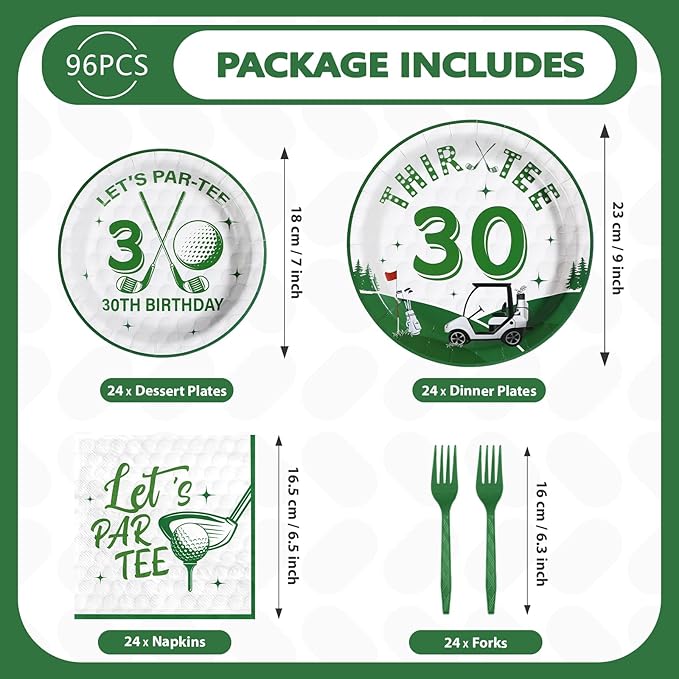 Grencian 96Pcs Golf 30th Party Decorations for Him Golf 30th Birthday Paper Plates and Napkins Sets Sports Theme Decoration for Men Thirty 30 Years Old Competition Party Supplies Serve 24