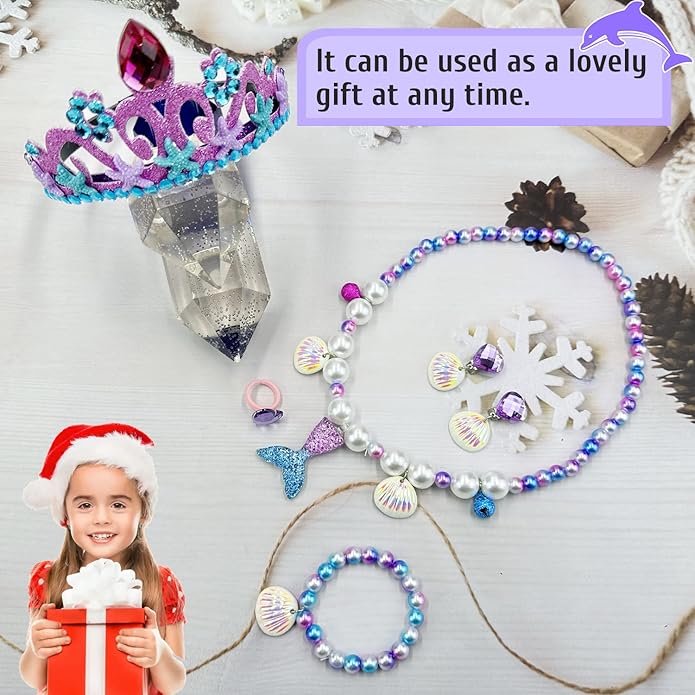 Keenjorika 6pcs Girls Princess Necklace Bracelets Ear Clips Set Mermaid Crown Pendant Colorful Plastic Princess Party Dress Up Pretend Play Christmas Gift