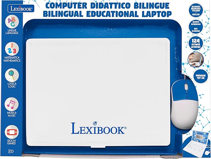 LEXIBOOK, Educational and Bilingual Laptop Italian/English, Toy with 124 Activities to Learn Mathematics, Dactylography, Logic, Clock Reading, Play Games and Music, White, JC598i5