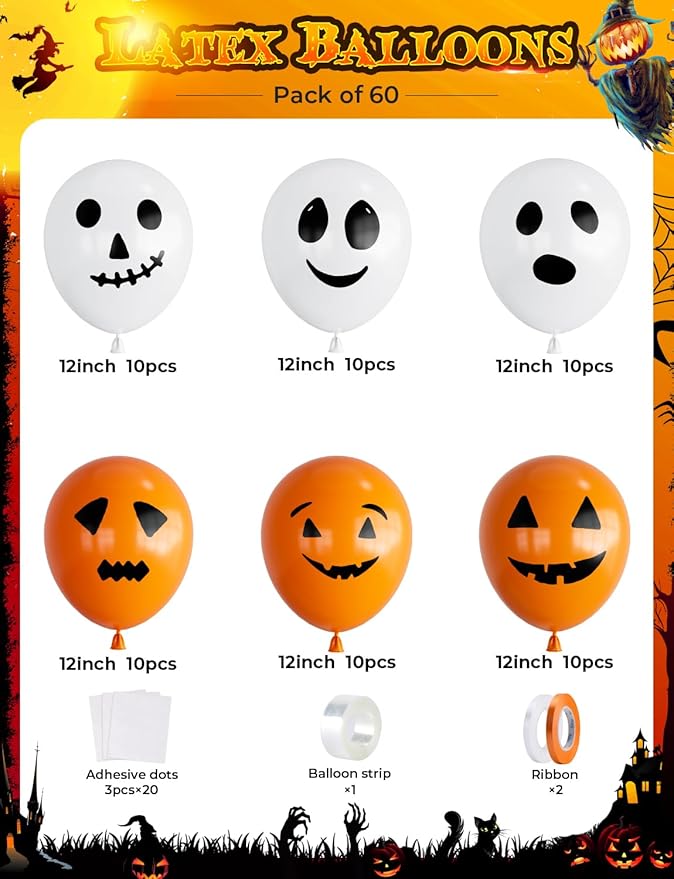 Halloween Balloons - 60Pcs Ghost Balloons Scary Pumpkin Balloon 12 Inches Orange and White Latex Balloon 6 Styles for Halloween Birthday Spooky Theme Party Decorations