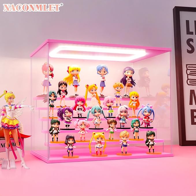 Pink Wood Base Acrylic Display Case for Collectibles, 6-Tier Clear Display Box with Steps for Funko Pop & Action Figures, Dustproof Showcase Organizer, 19.7x12.6x16.5 Inches