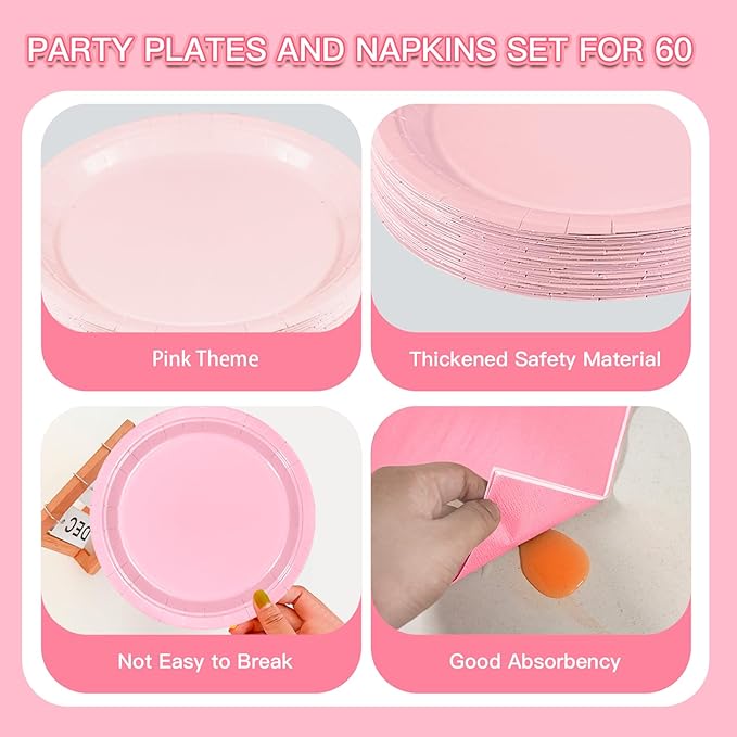 180Pcs Pink Paper Plates Party Supplies Boho Paper Plates and Napkins Serve 60 Disposable Tableware Set for Birthday Party Decorations Game Day Family Holiday Sports Events