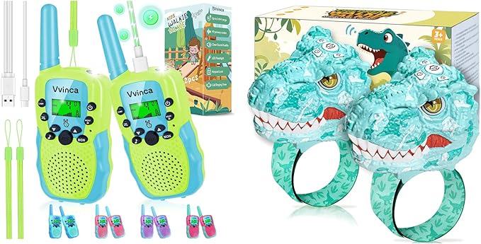 Vvinca Toddler Walkie Talkies for Kids 4 Pack - Toys for Boys Girls Age 3-12, Including Dinosaur Walkie Talkies 2 Pack, Rechargeable Walkie Talkie 2 Pack, Kids Toys for Christmas, Birthday Gifts