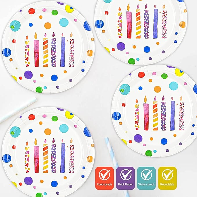 50PCS Happy Birthday Plates and Napkins, 7inch Colorful Dots Birthday Cake Dessert Plates Disposable Paper Dinnerware Set for Birthday's Party Supplies Decorations (Birthday's Candle, 7 Inch)