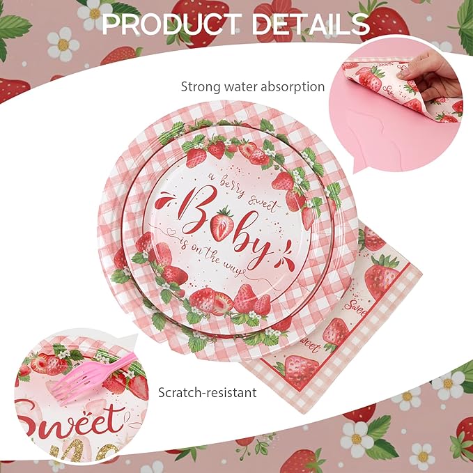 168Pcs Sweet One Birthday Decorations Pink Strawberry Paper Plates and Napkins Cups Knives Forks Spoons for Baby Shower Kids First Birthday Party Decorations Supplies for Girls Boys