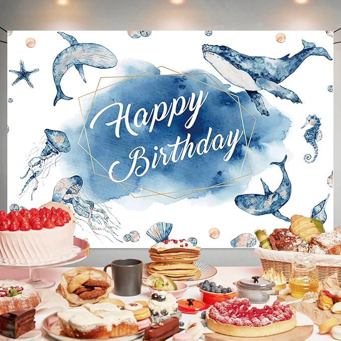 Blue Ocean Happy Birthday Backdrop Decorations Marine Animals Happy Birthday Banner Blue Ocean Photo Background for Home Indoor Outdoor Birthday Party Decorations Supplies 70.8 x 47.2 Inch