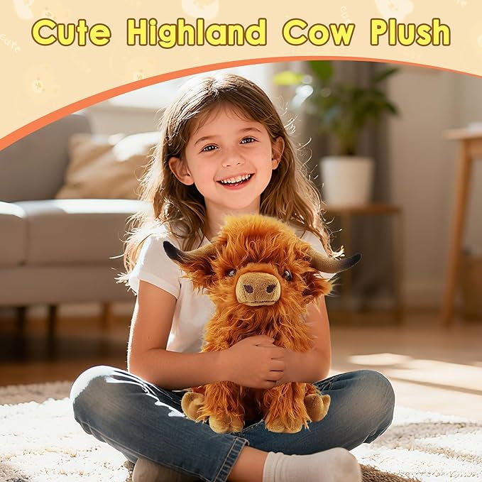 OROZCOR Highland Cow Stuffed Animal, Cute Fluffy Cow Plush Figure Toys,Realistic Farm Highland Cattle Plush Decor Gifts for Kids Baby Girls Boys (Brown Highland Cow)