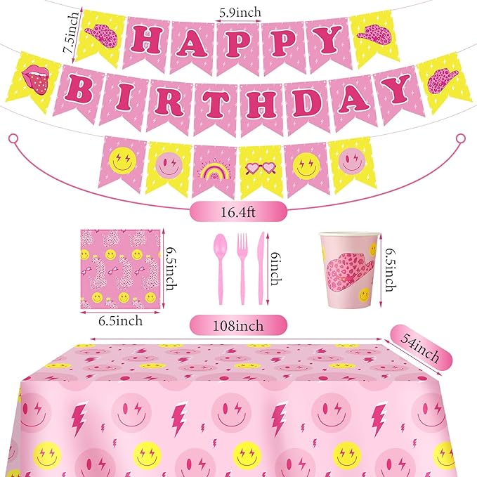 Dandat 175 Pcs Pastel Birthday Plates and Napkins Preppy Party Decorations Macaron Smile Happy Birthday Banner Supplies Serves 24 Guests Tableware Paper Plates Napkins Cups Tablecloths(Adorable)