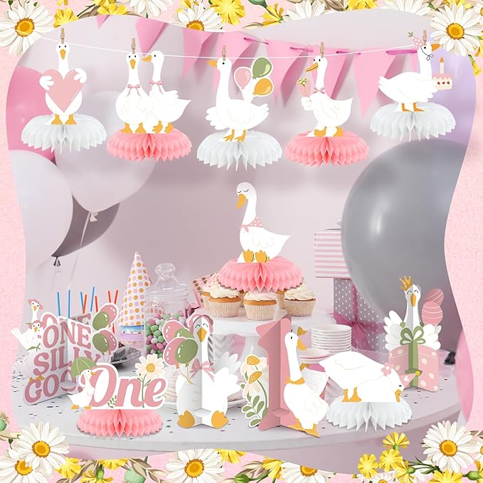 12 Pcs One Silly Goose Birthday Decoration Girls Honeycomb Centerpieces Pink White Silly Goose Table Decoration Cake Balloon Heart Flowers Table Topper for 1st Birthday Party Favor Supplie