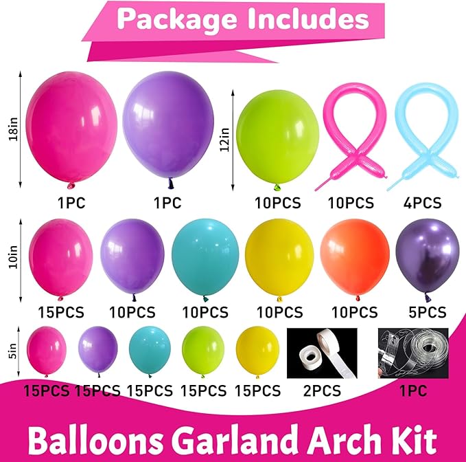 Magic Balloon Garland 161 Pcs Assorted Colors Latex Balloons Arch Kit Hot Pink Orange Yellow Green Purple Blue Long Colorful Balloon for Kids Fiesta Neon Summer Baby Shower Birthday Party Decor