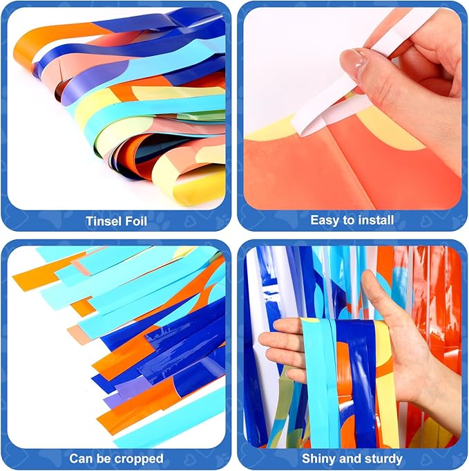 2 Packs Dog Fringe Curtains 3.3 x 6.6 ft Dog Paw Foil Fringe Backdrop Orange Light Blue Tinsel Streamers for Baby Shower Birthday Party Supplies Decorations