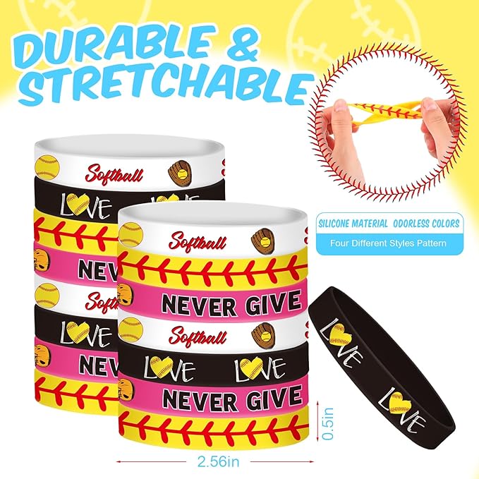 MTLEE Softball Party Favors Set Includes 12 Softball Paper Bags, 12 Silicone Bracelets, 12 Mini Foam Softball for Softball Birthday Party Supplies