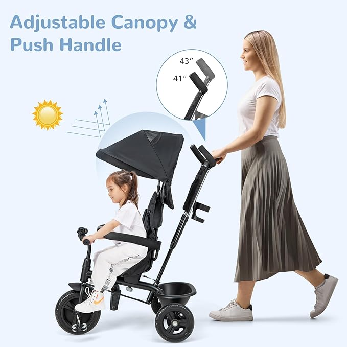 INFANS Kids Tricycle, 6 in 1 Baby Trike Toddler Bike with Reversible Seat, Adjustable Push Handle, Control Direction, Removable Canopy, Safety Harness, Belt, Storage, 9-60 Months (Black)