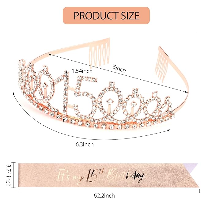 CIEHER 15th Birthday Crown + Sash + Pearl Pin Set, It's My 15th Birthday Decorations, Women's Happy Birthday Party Supplies