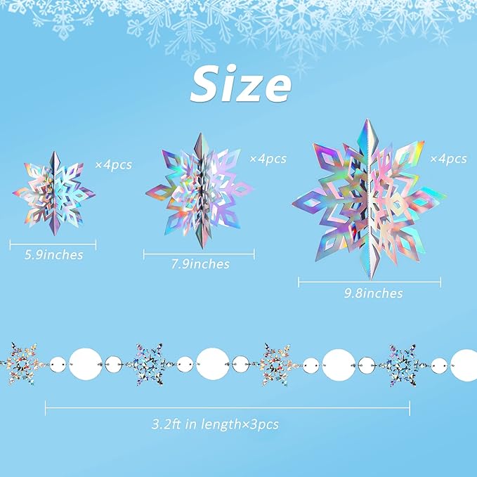 JULMELON 15Pcs Frozen 3D Hanging Snowflakes Decorations, Holographic Snowflakes Garland Silver Snowflakes for Winter Wonderland Decorations Frozen Birthday Party Supplies