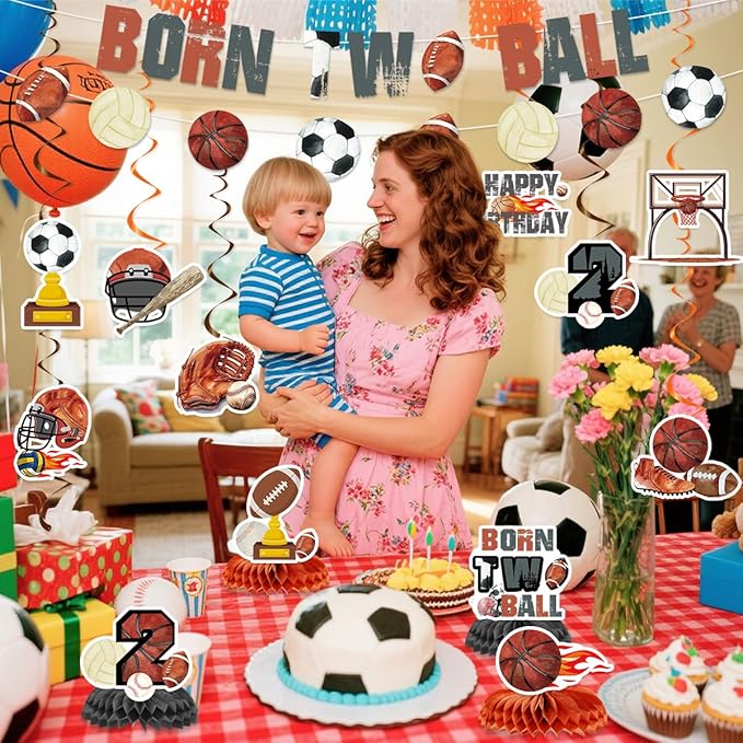 Born 2 Ball Birthday Decorations Include Born Two Ball Banners Hanging Swirls Honeycomb Centerpiece Ball 2nd Birthday Sports Theme Party Supplies for Boys