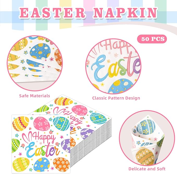 Easter Egg Design Paper Napkins - 50 Pcs Disposable Decorative Napkins for Easter Party Supplies, Spring Tableware