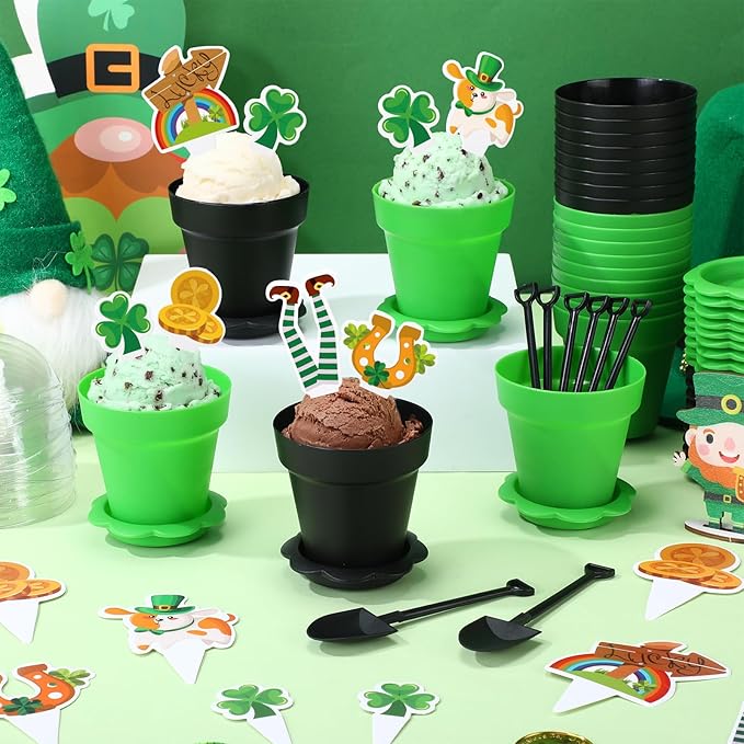 24 Sets St. Patrick's Day Cupcake Pots Kit 24 Plastic Dessert Cups with 78 Shamrock Lucky Cupcake Toppers Irish Party Decoration for Dessert Cake Ice Cream Party Activities Supplies