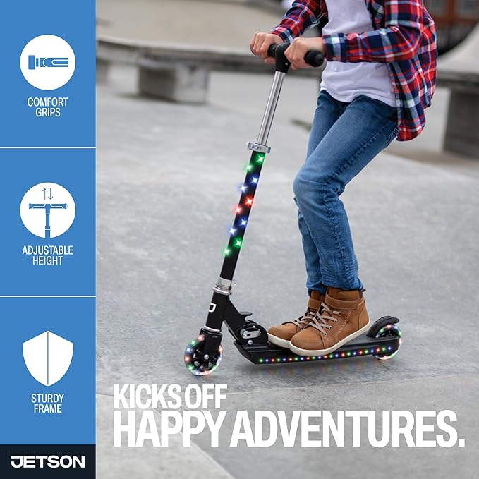 Jetson Jupiter Kids 2-Wheel Light-Up Kick Scooter, LED Lights on Handlebar, Stem, Wheels & Deck, Adjustable Handlebar, Rear Brake, Easy-Folding Mechanism, Ages 5+