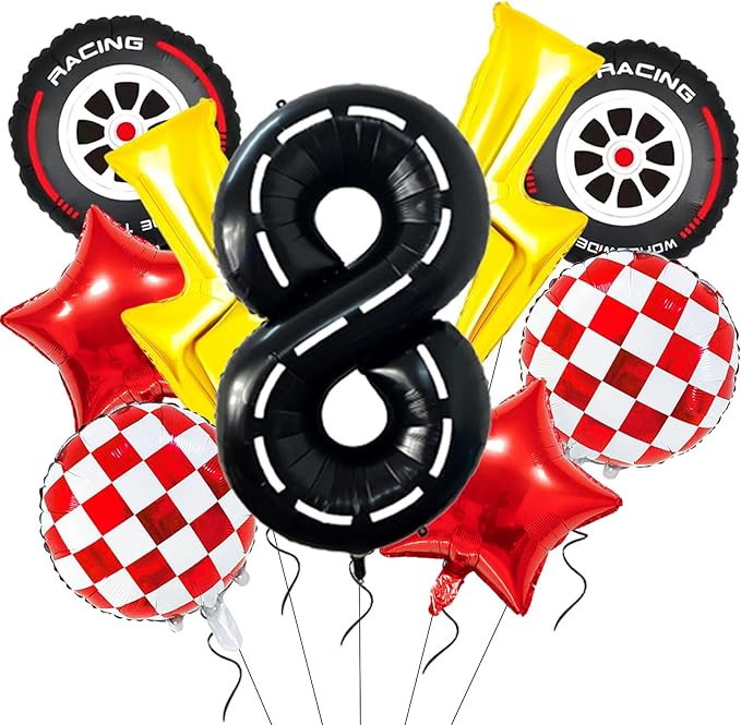 Race Car Birthday Party Decorations Large Lightning Bolt Foil Balloons Race Car Balloons 40 Inch Racetrack Number 8 Balloon for Boys 8th Race Car Birthday Party Decor Supplies