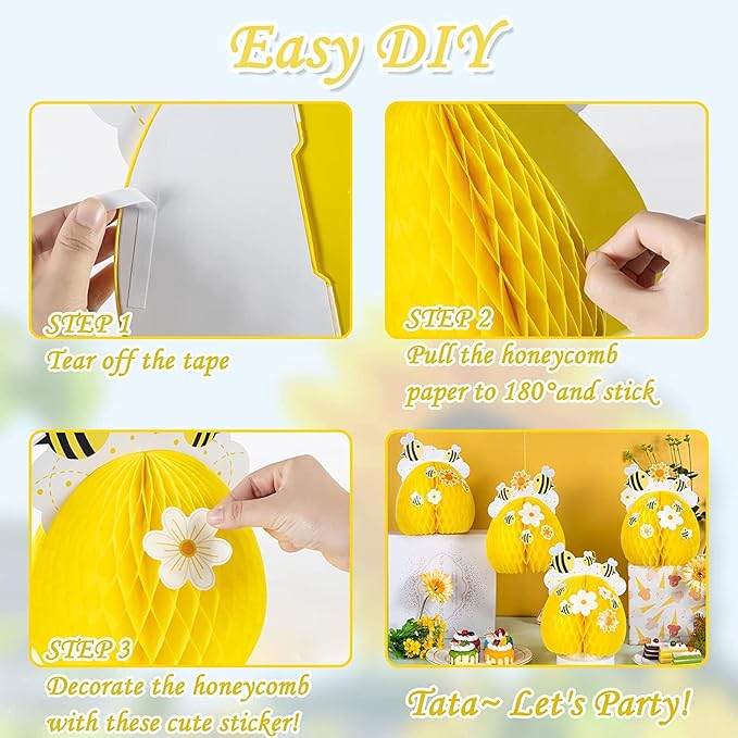 SUNBEAUTY 4PCS Honey Bee Honeycomb Centerpieces Decorations Yellow Bee Honeycomb Table Centerpieces with Sunflower Stickers for Baby Shower Birthday Gender Reveal Birthday Decoration