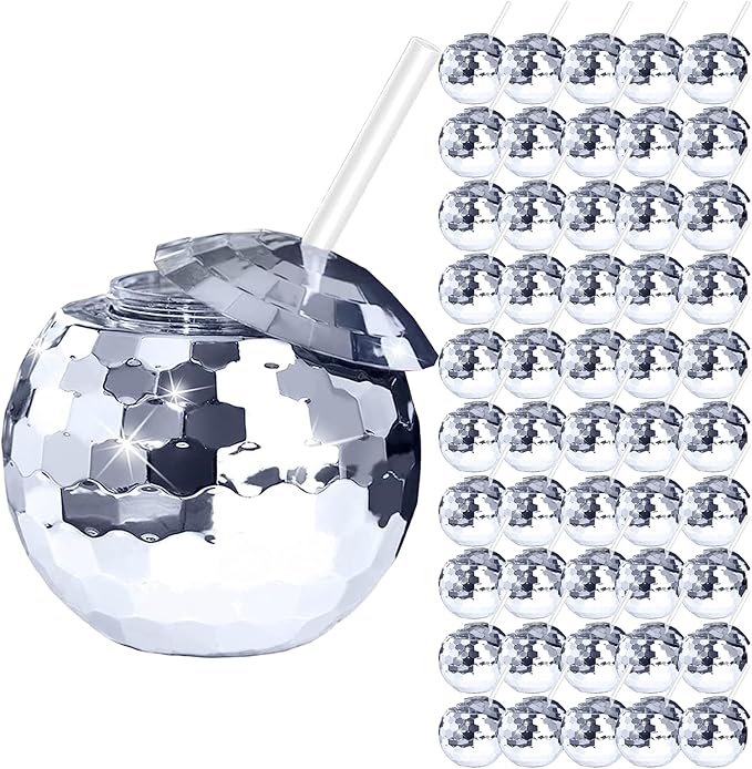 Disco Ball Cups, 20OZ Disco Party Cups with Lid and Reusable Straw Flash Ball Cocktail Cup for Party Nightclub Bar Supplies Wine Drinking Syrup Tea Bottle (50, Sliver)