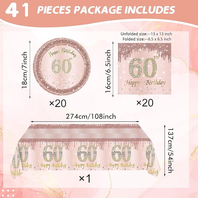 41Pcs 60th Birthday Decorations - Rose Gold Party Supplies Include Plates, Napkins and Tablecloth for Sweet Sixty Celebration