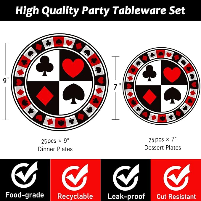 50Pcs Poker Party Supplies - 9" Playing Card Dinner Plates, 7" Casino Plates for Casino Night, Poker Game Theme, Birthday Party Decor