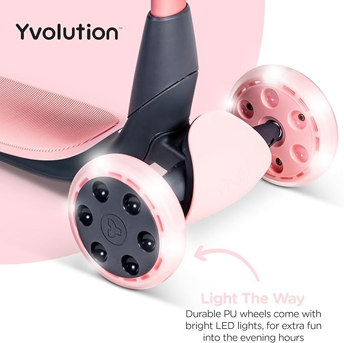 Yvolution Y Glider Nua 3-Wheel Kids Scooter – Adjustable Height, Arc-Folding Handlebar, LED Light-Up Front Wheels, Extra-Wide Deck, Ages 3-10