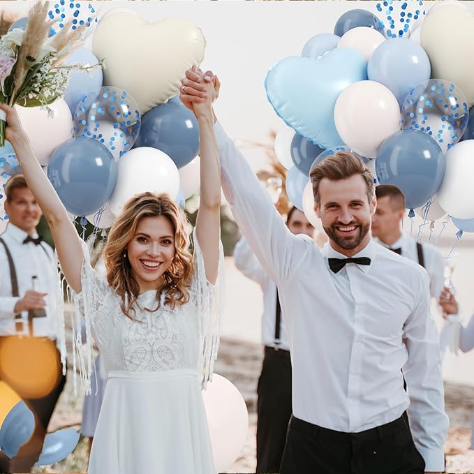 Dusty Blue Balloons, 12Inch Retro Ice Mist Blue Sand White Boho Balloon with Heart Foil Balloons for Netural Gender Reveal Bridal Birthday Wedding Party Decorations