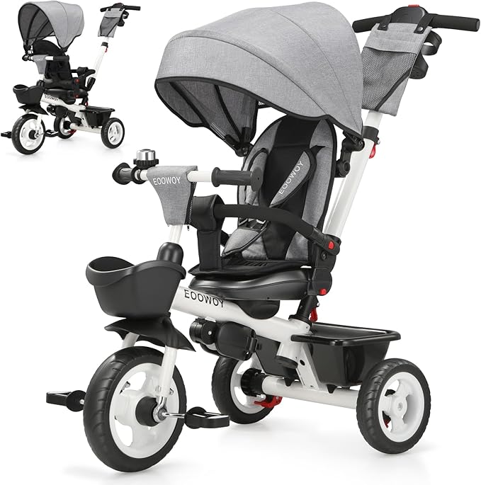 Toddler Tricycle with Push Handle, 7 in 1 Stroller Trike with 360° Swivel Seat, Reclining Backrest, All-Terrain Wheels, Dual Brakes, Canopy & Storage, Gift for Kids 18 Months to 5 Years, Gray
