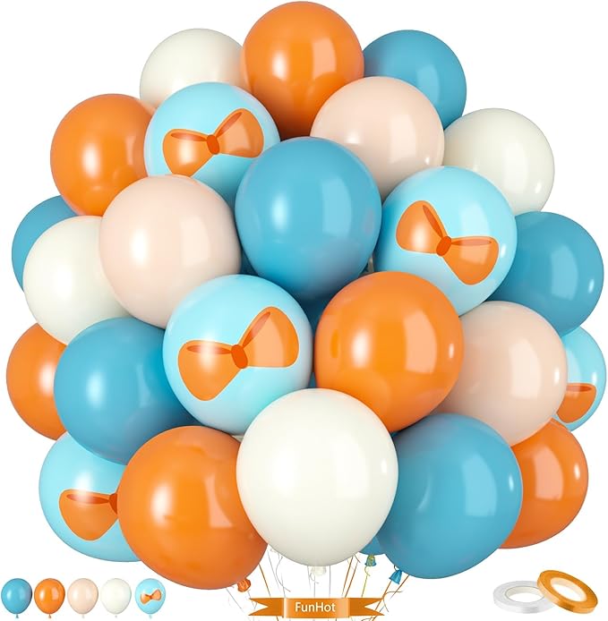 Orange And Blue Balloons, 50PC 12 Inch Dusty Blue Ivory White Macaron Orange Bow Print Balloons for Birthday Baby Shower Wedding Party Decorations