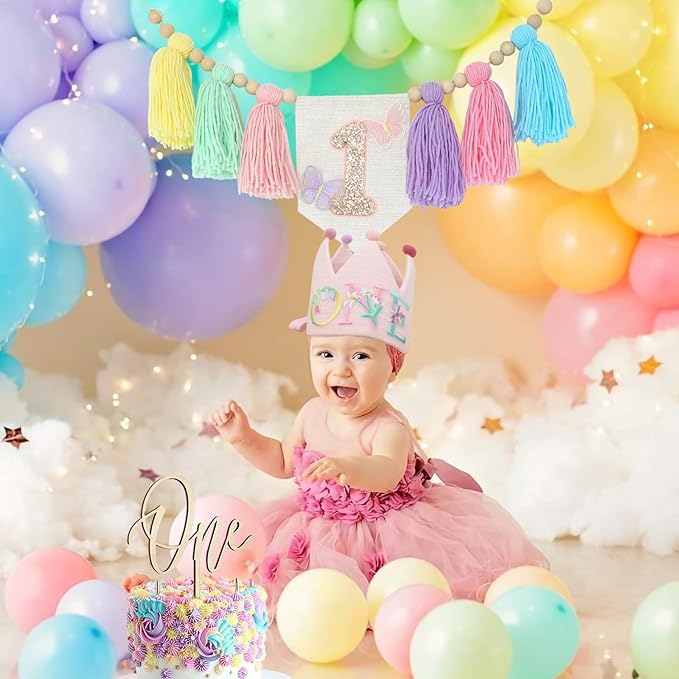 Macaron Butterfly High chair Banner Wood Bead Tassel Garland Crown Hat Wooden Cake Topper Birthday Party Decorations